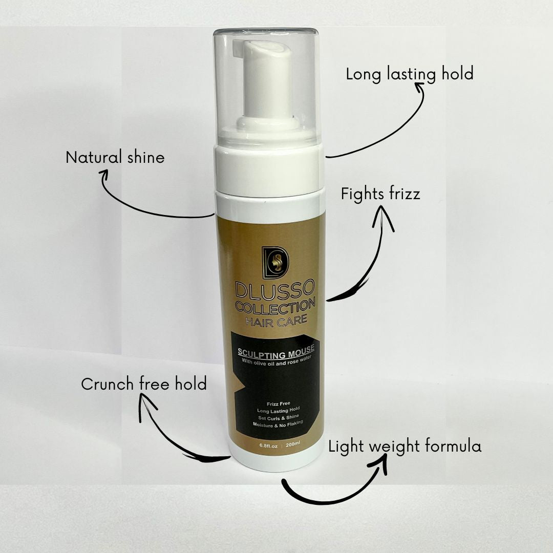sculpting mouse 200ml  product arrows pointing out at pros , dlusso collection by house of tinu